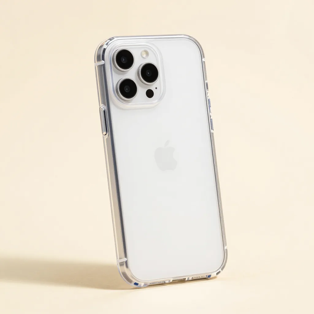 A clear compostable phone case on a light background