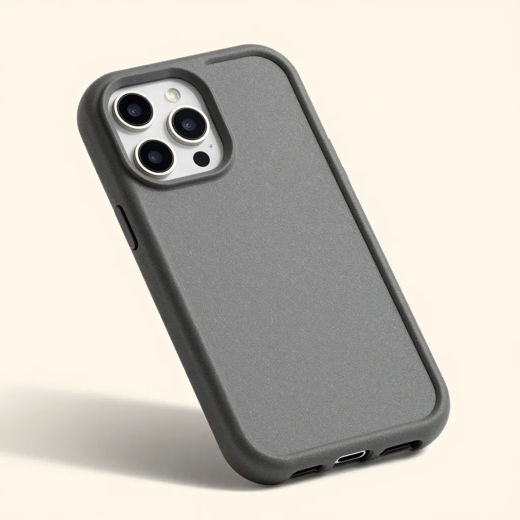 A rugged charcoal compostable phone case on a light background
