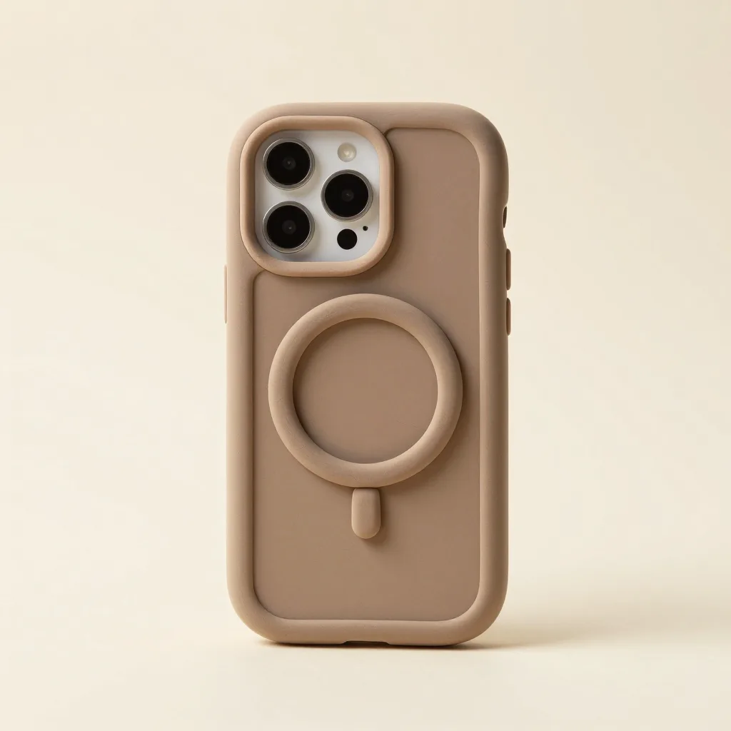 A clay mag-safe compostable phone case on a light background