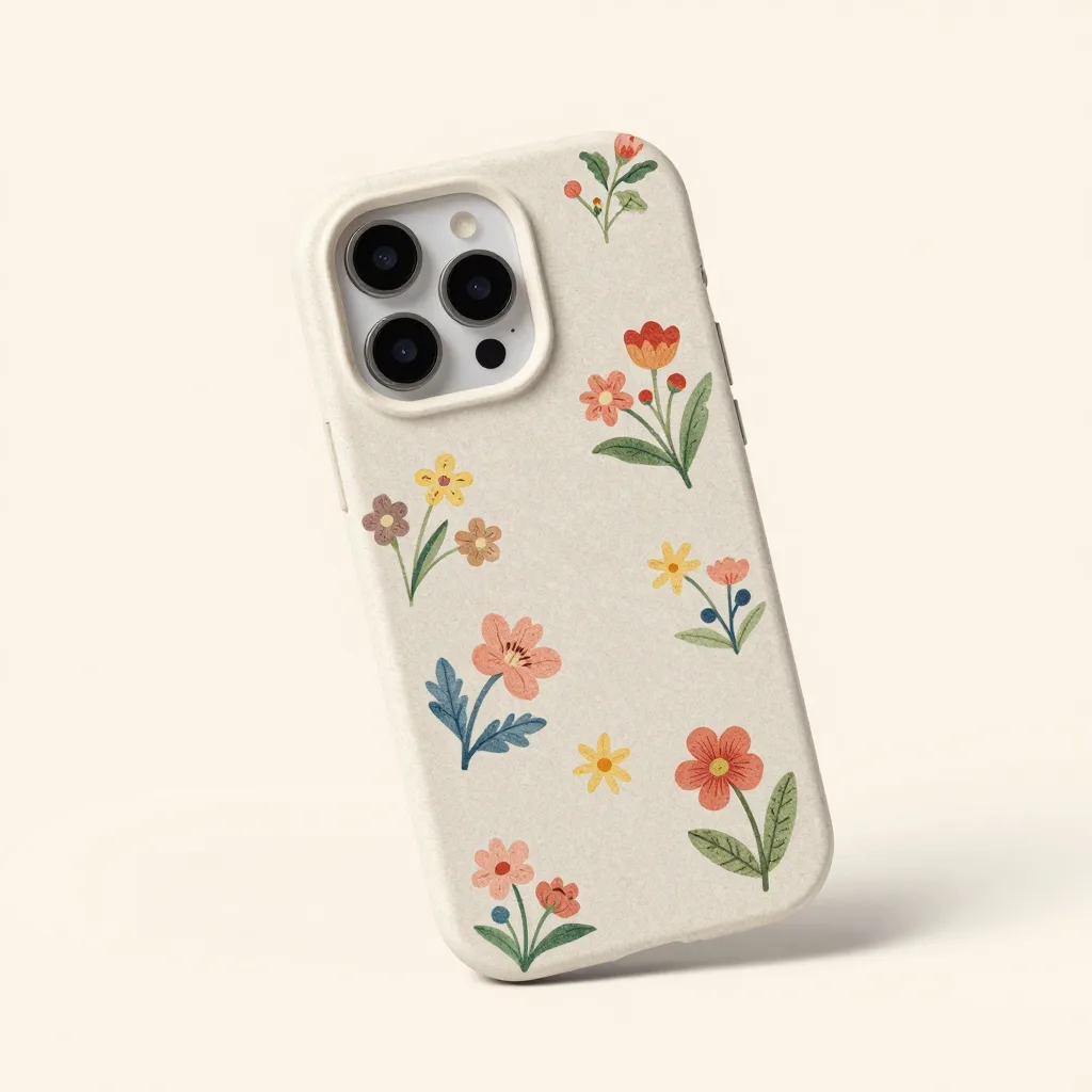 A floral printed compostable phone case on a light background