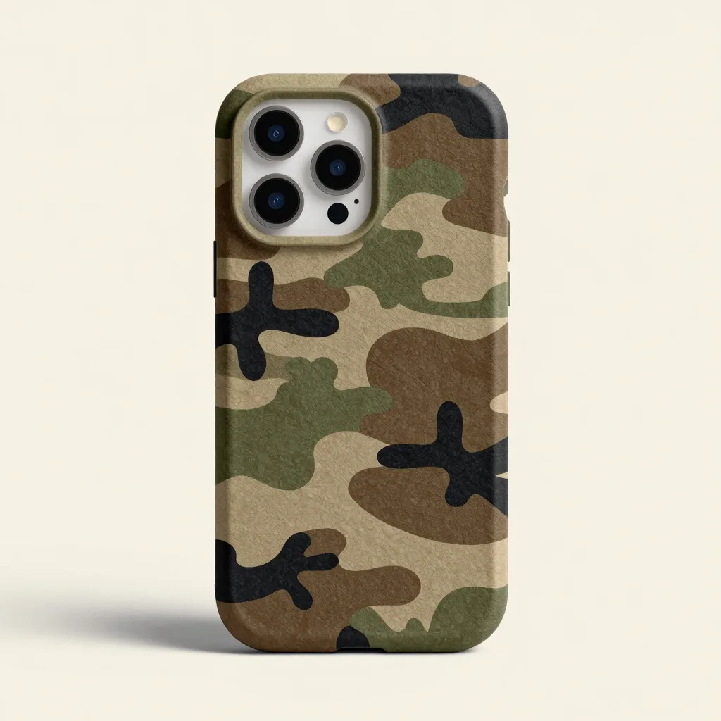 A camo printed compostable phone case on a light background