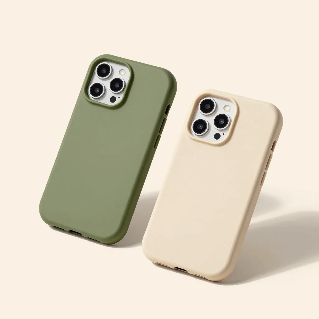 Two compostable phone cases, olive and sand, on a light background
