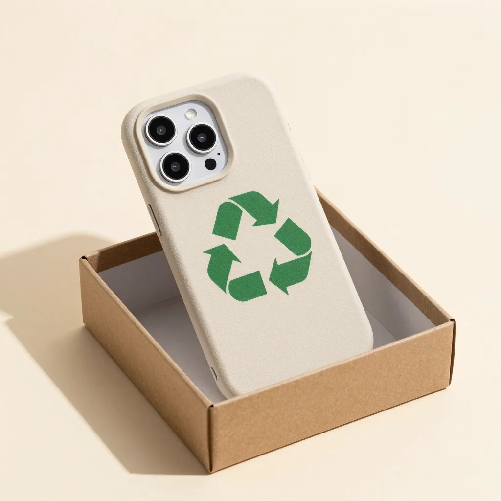 A compostable phone case in a gift box on a light background